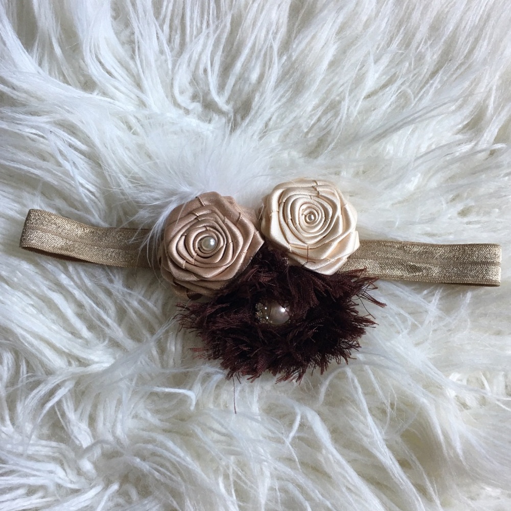 Brown and Beige Satin Rose Feather Baby Headband